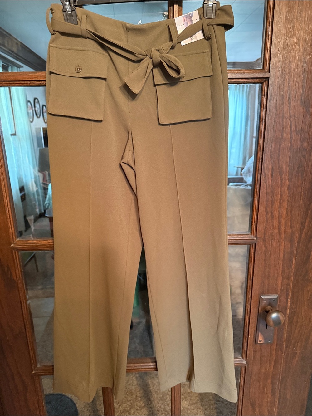 Rewash Olive Wide-Leg High-Waist Pants with Tie Belt